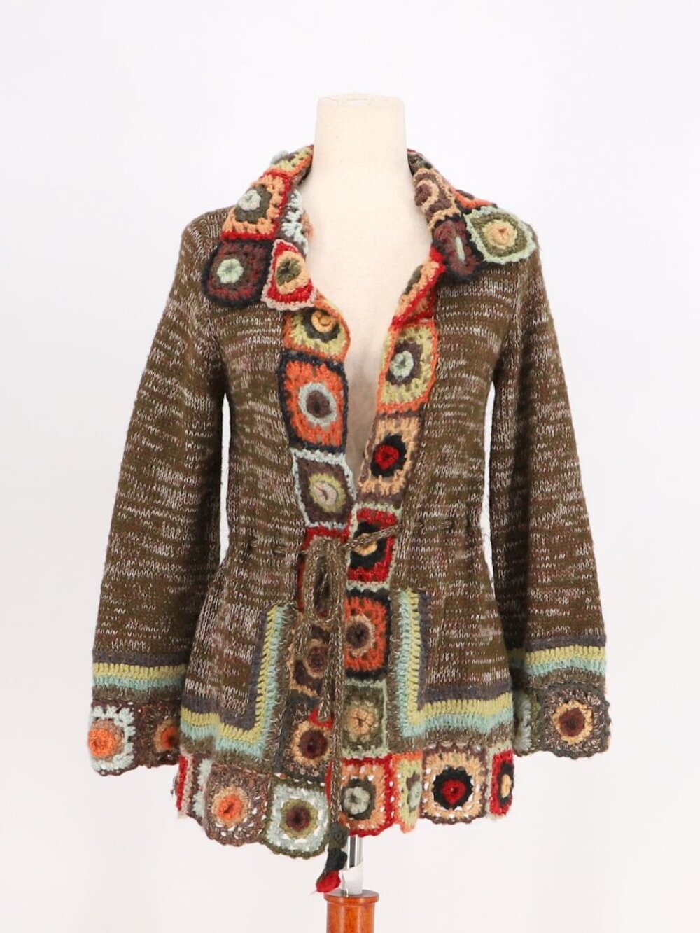 BOSTON PROPER Crochet Knit Cardigan Sweater Wool Blend Boho Granny Square XS
